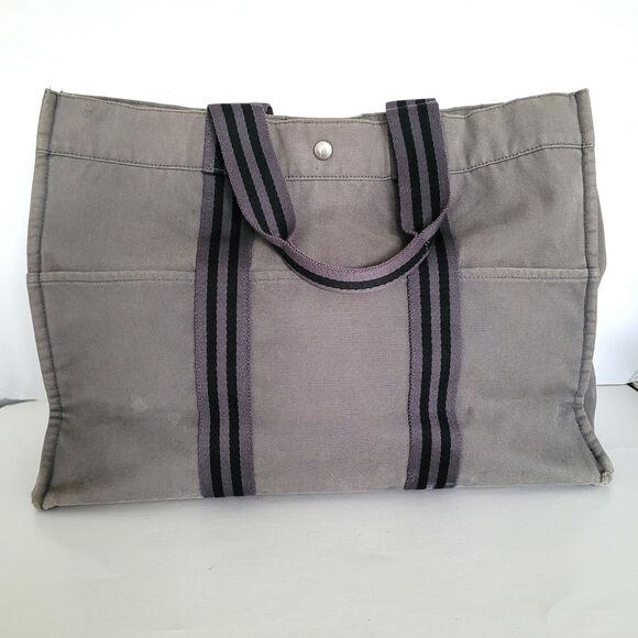 Authentic HERMES Vintage Fourre Tout Handbag Tote Bag Canvas Gray Cotton Large - Picture 1 of 13